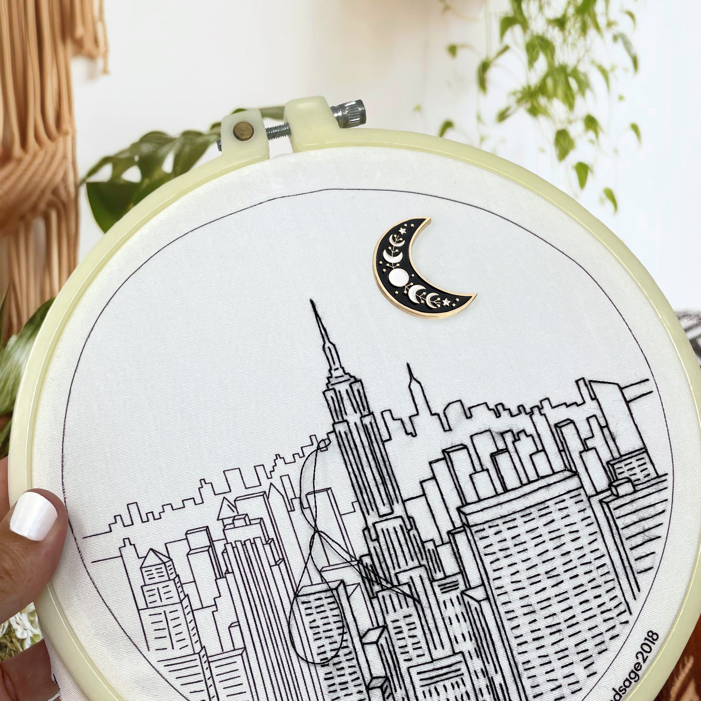 Moon and Stars Magnetic Needle Minder for Hand Embroidery with Top of the Rocks Embroidery Design