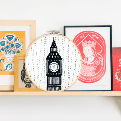 Big Ben London Embroidery Hoop Art displayed on a shelf