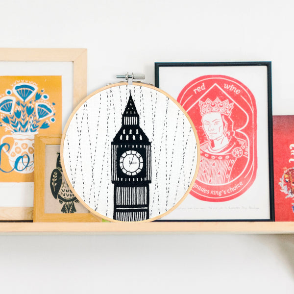 Load image into Gallery viewer, Big Ben London Embroidery Hoop Art displayed on a shelf
