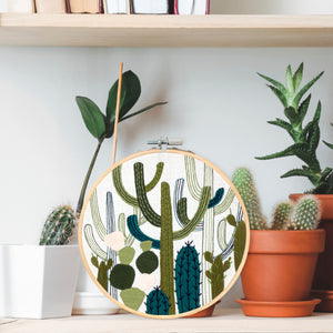 Cactus Garden Plant Embroidery Displayed on a Shelf with Succulent Plants