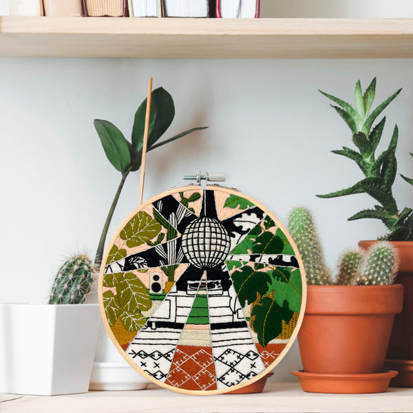 Load image into Gallery viewer, Disco Plants Embroidery Design on a Shelf with Potted Cactus - Bohemian Decor
