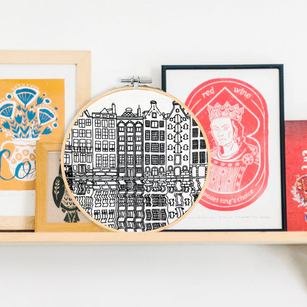 Load image into Gallery viewer, Gingerbread Housed Damrak Amsterdam Embroidery Hoop Art Displayed on a Shelf
