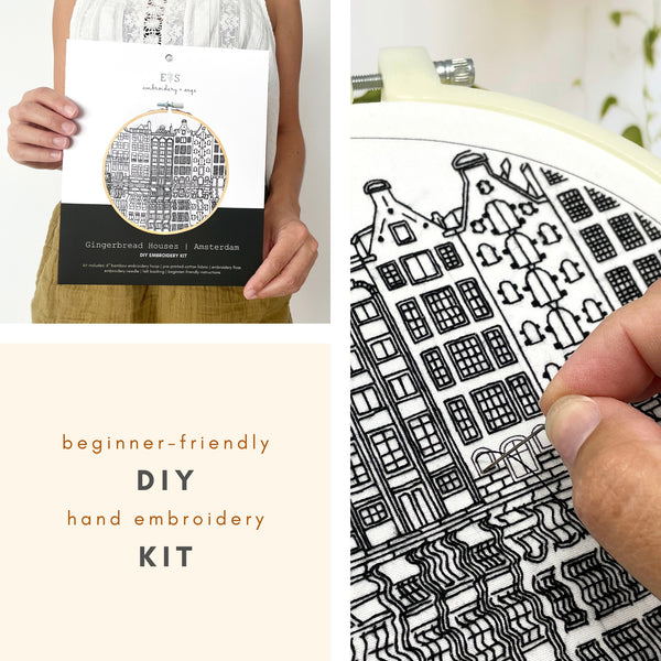 Load image into Gallery viewer, Gingerbread Houses Damrak Amsterdam Embroidery Kit with Eco-Friendly Packaging
