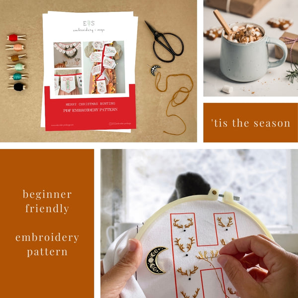 Load image into Gallery viewer, Merry Christmas Holiday Embroidery Bunting Pattern for beginners
