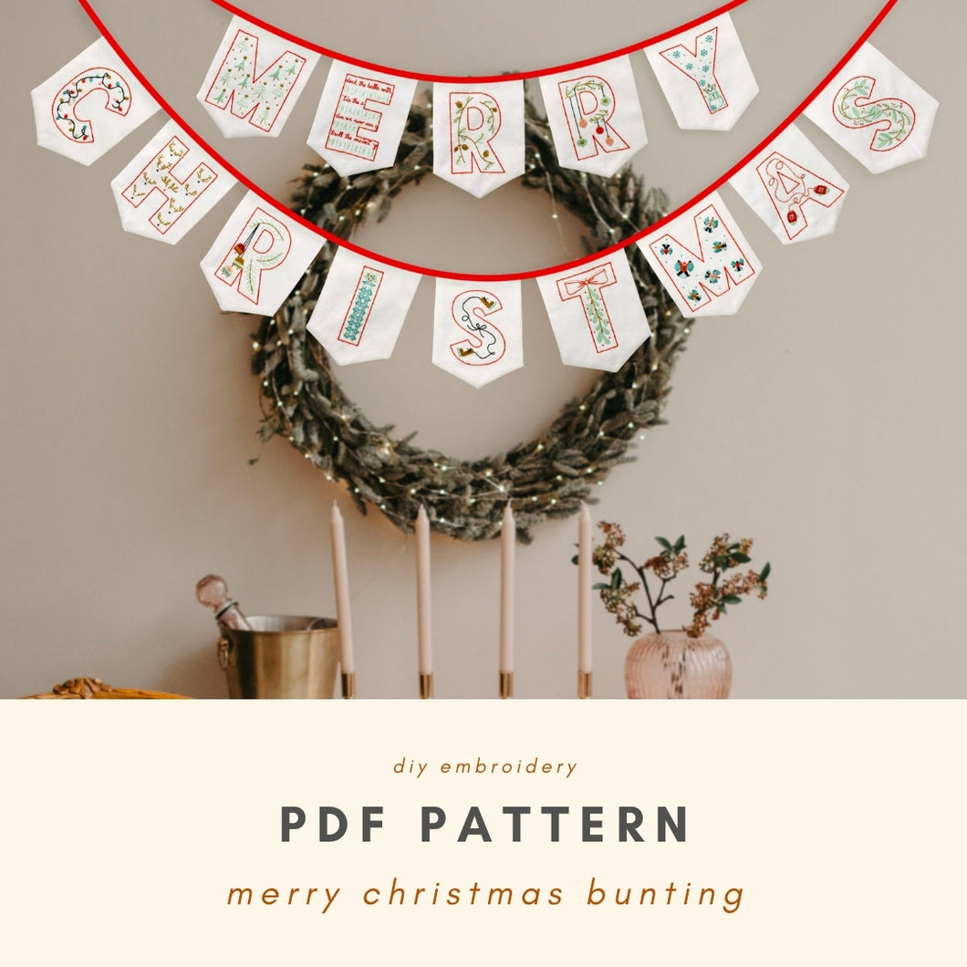 Merry Christmas Holiday Hand Embroidered Bunting PDF Pattern