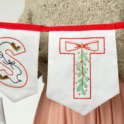 merry christmas hand embroidered bunting mistletoe and ice skates