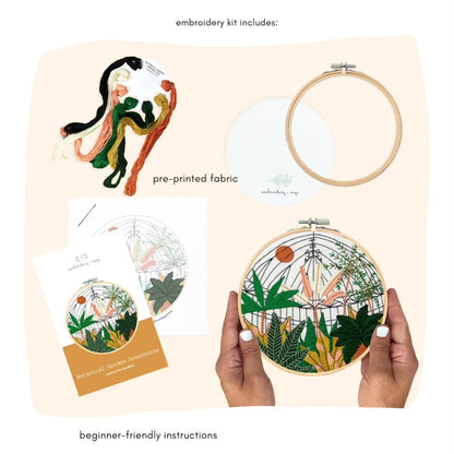 Botanical Tropical Greenhouse Garden Embroidery Kit with DMC Threads, Bamboo Hoop, Felt Backing, Beginner-friendly instructions, embroidery needle, and Pre=printed fabric