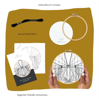brooklyn bridge nyc new york city embroidery kit showing everything that is included