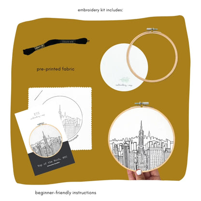 easy beginner modern embroidery kit showcasing everything included in the kit