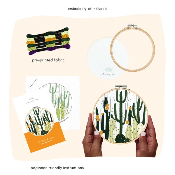 Load and play video in Gallery viewer, Cactus Bloom Floral Embroidery Kit with everything you need to complete your artwork
