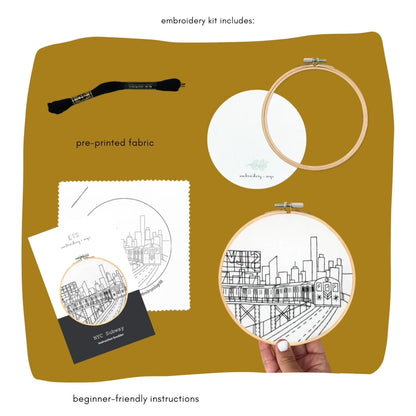 nyc new york city subway train full embroidery kit showing everything that is included