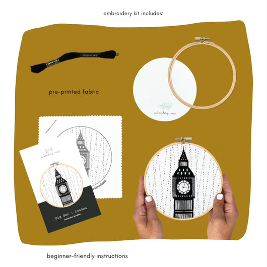 Big Ben UK Embroidery Kit with 6" Bamboo Hoop, Felt backing, pre-printed fabric, embroidery needle, dmc floss, and beginner-friendly instructions