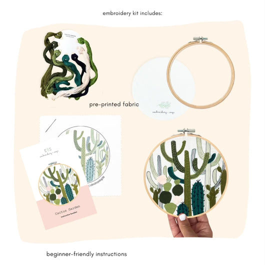 Cactus Garden DIY embroidery kit with 6" Bamboo Hoop, Felt Back,DMC Floss, Needle, Pre-printed fabric, beginner-friendly instructions