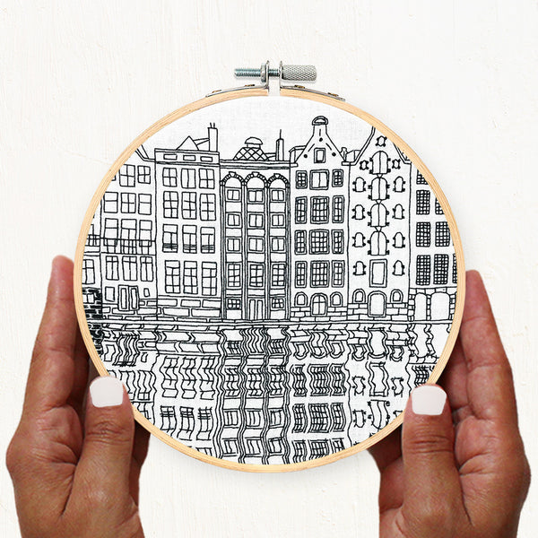 Load image into Gallery viewer, Amsterdam Canals and Gingerbread Houses Embroidery Hoop Art
