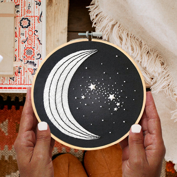 Load image into Gallery viewer, moon and stars 6 inch embroidery hoop art
