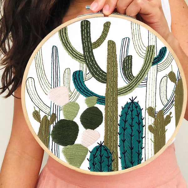 Load image into Gallery viewer, vibrant cactus plant embroidery hoop art
