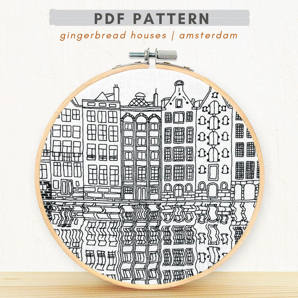 Load image into Gallery viewer, Gingerbread Houses of Amsterdam embroidery pdf digital pattern damrak gift
