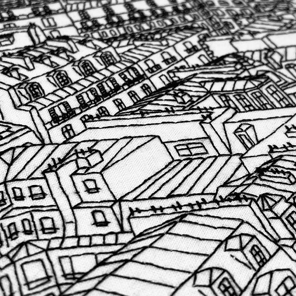 Load image into Gallery viewer, black and white embroidery stitches of the rooftops in paris
